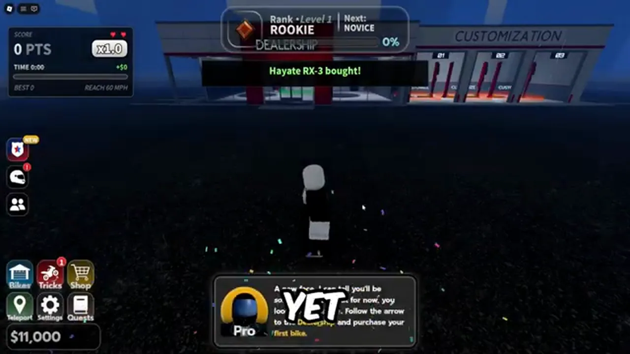 The dealership panel with the free Hayate RX-3 card selected