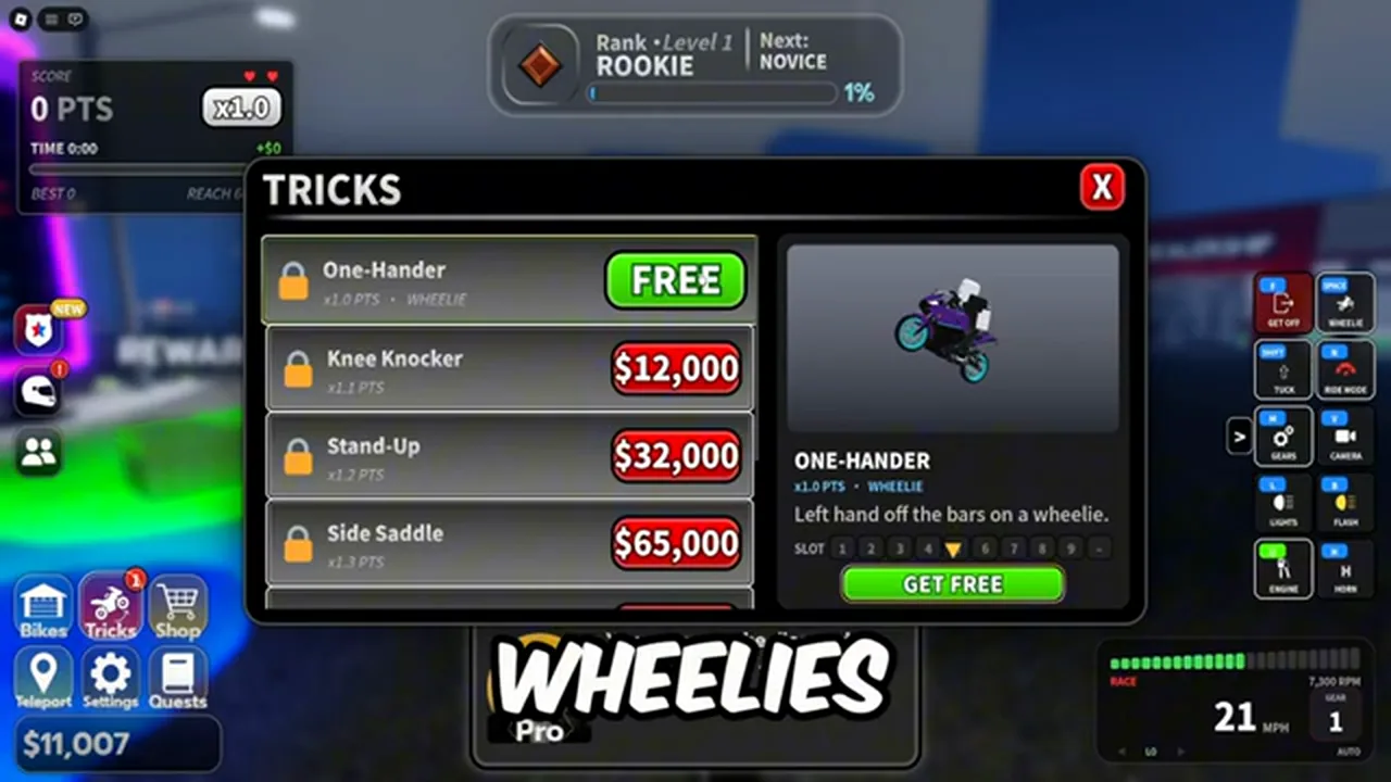 The tricks panel with the free One-Hander and three paid tricks