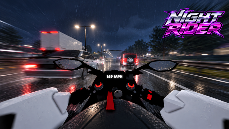 First-person view of a motorcycle on a wet night highway, speedometer reading 149 MPH, traffic ahead